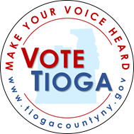 An image of the VoteTioga logo, which includes the words "Vote Tioga" overlaid above the silhouette of Tioga County, the words "make your voice heard", and www.tiogacountyny.gov